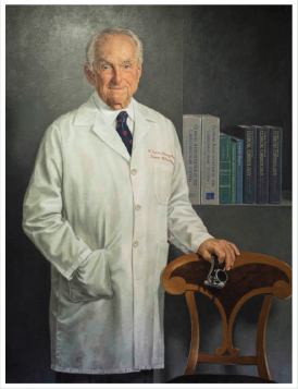 A painting of Dr. Harvey in white coat standing next to a chair