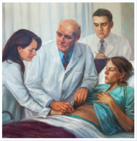 A painting of Dr. Knowlan teaching students how to listen to a patient's intestines