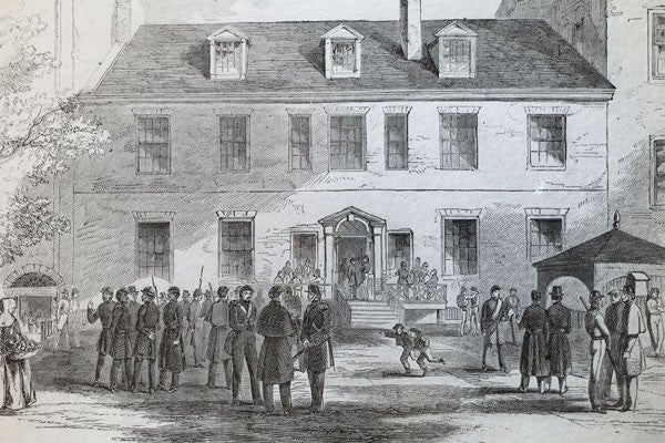 A lithograph of buildings and people during the era of slavery in the United States