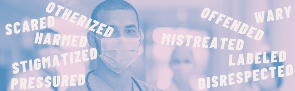A head and shoulders view of a male wearing a surgical mask with words indicating disrespect superimposed 