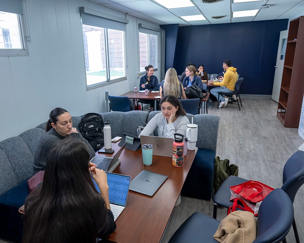 Students sit around tables looking at laptops and conversing with each other