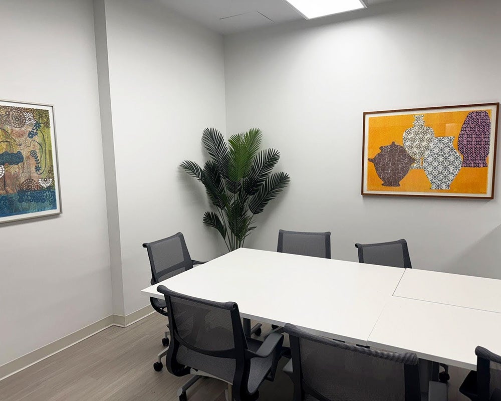 A table surrounded by chairs in a room with art on the walls and a plant one corner