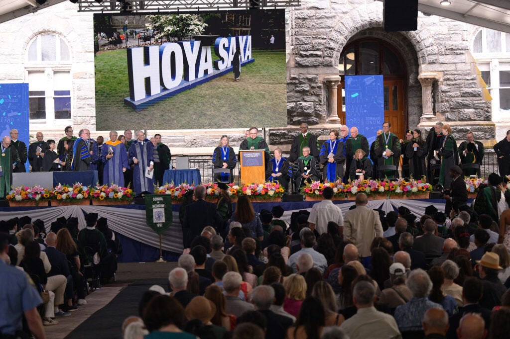 A long view of the commencement stage
