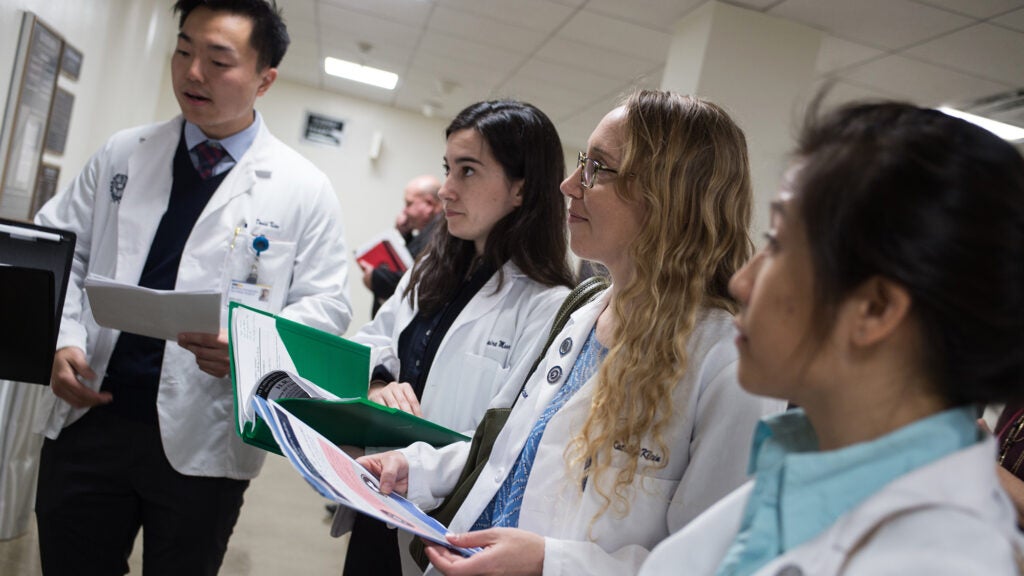 Four medical students in white coats stand together
