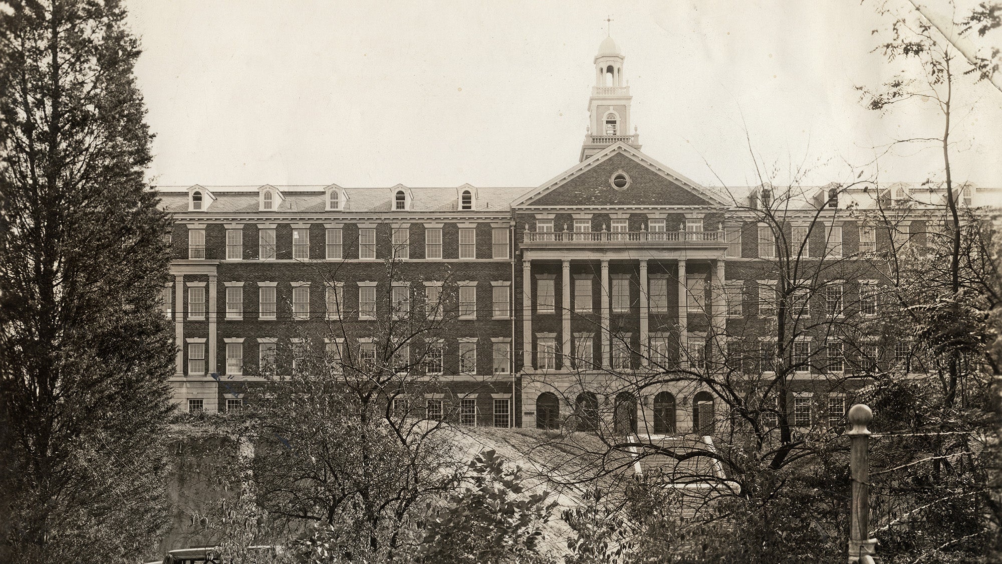 An undated historical black and white image of the Med-Dent Building