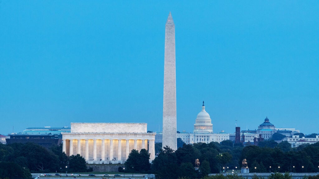 The Washington, DC, skyline with the Jefferson Memorial, Washington Monument and Capitol Building visible