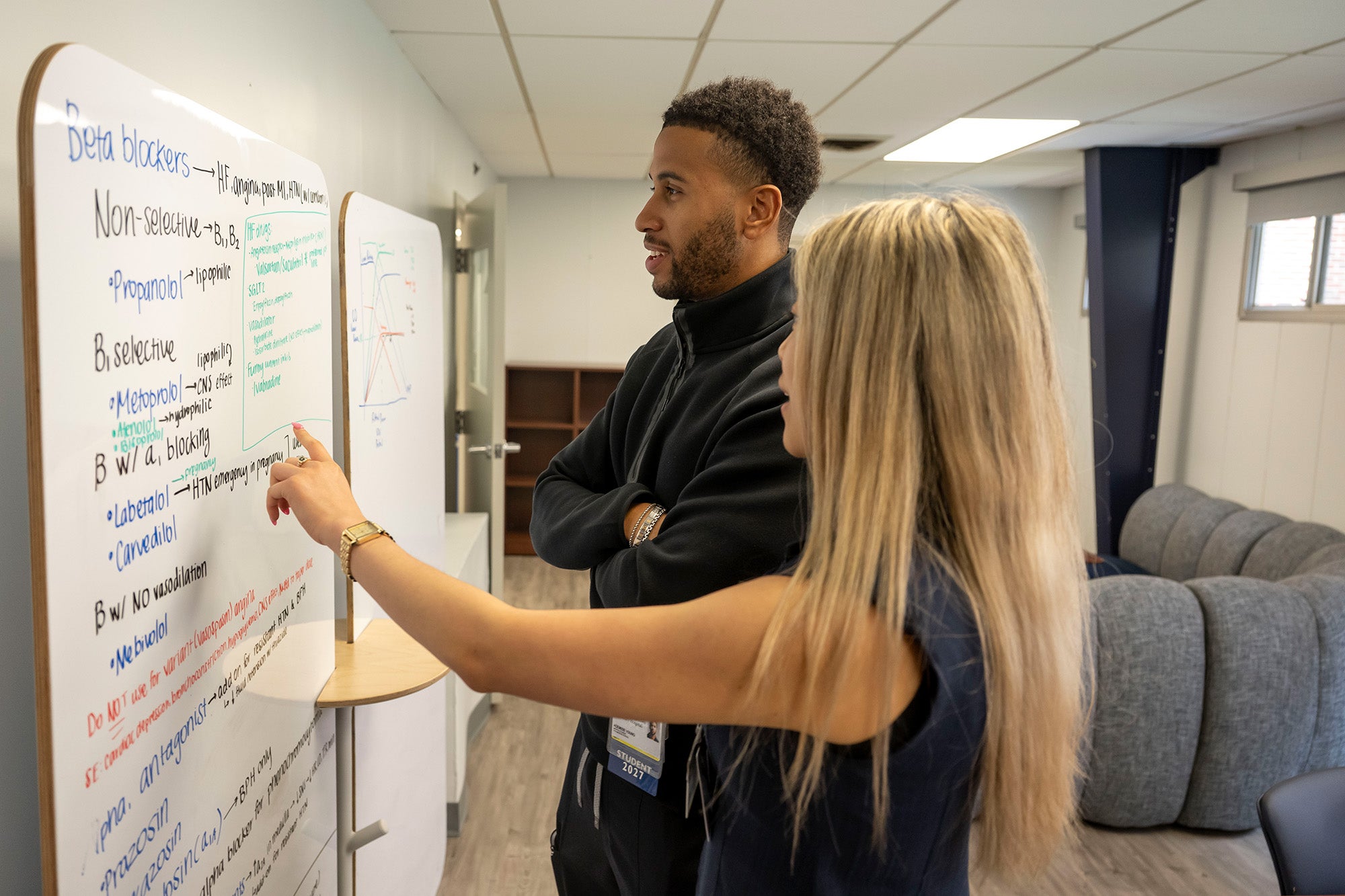 Two medical students consult notes written on a white board