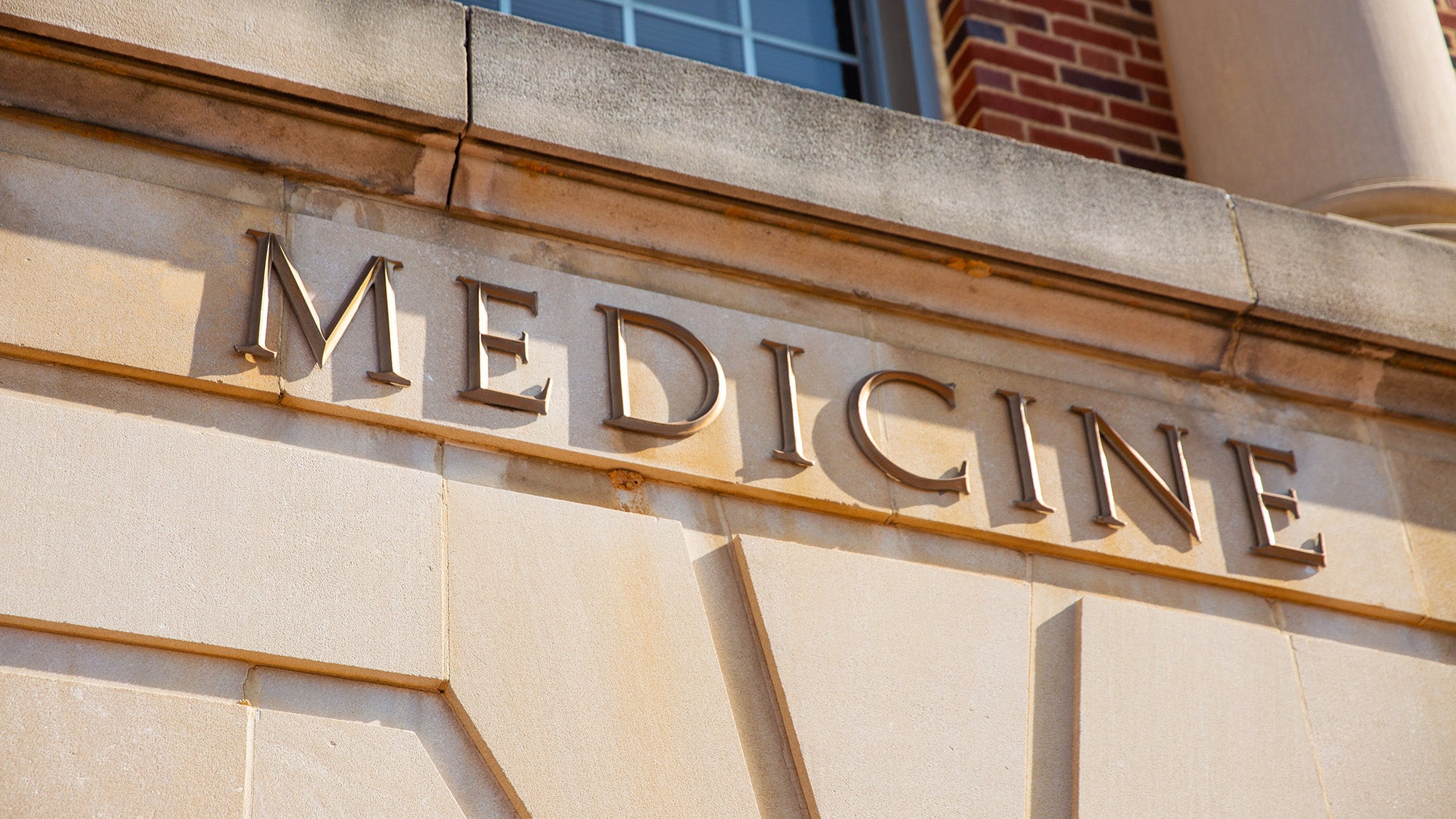Detail of the word Medicine on the facade of the Med-Dent Building