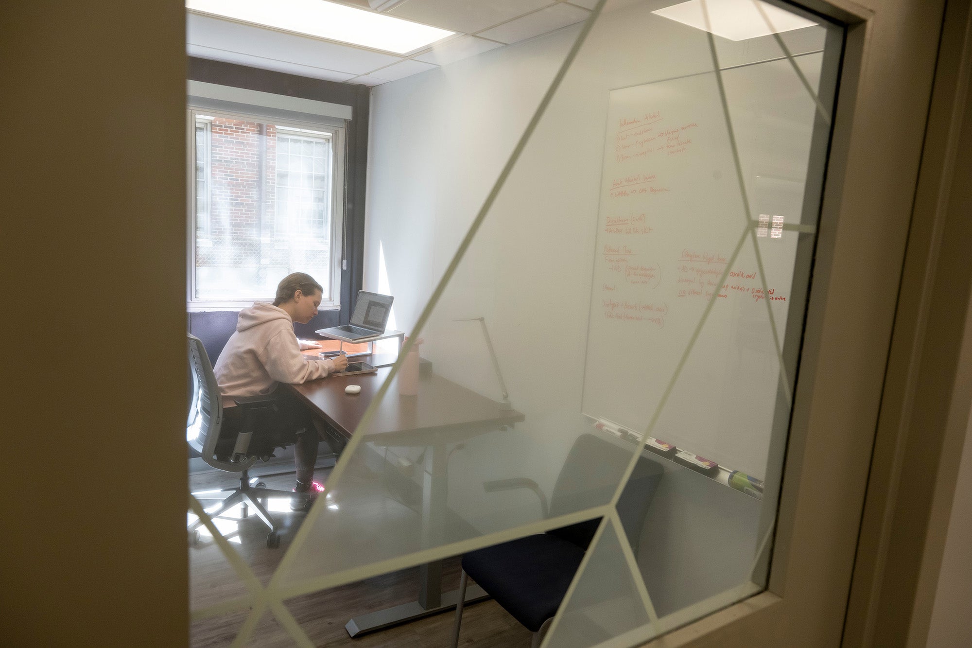 Viewed through the door of a study room a student is visible studying at a desk