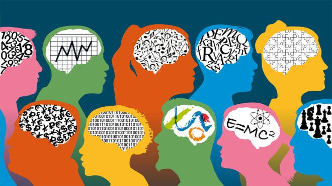 An illustration of silhouettes of figures with brains illustrated with different items indicating various thoughts