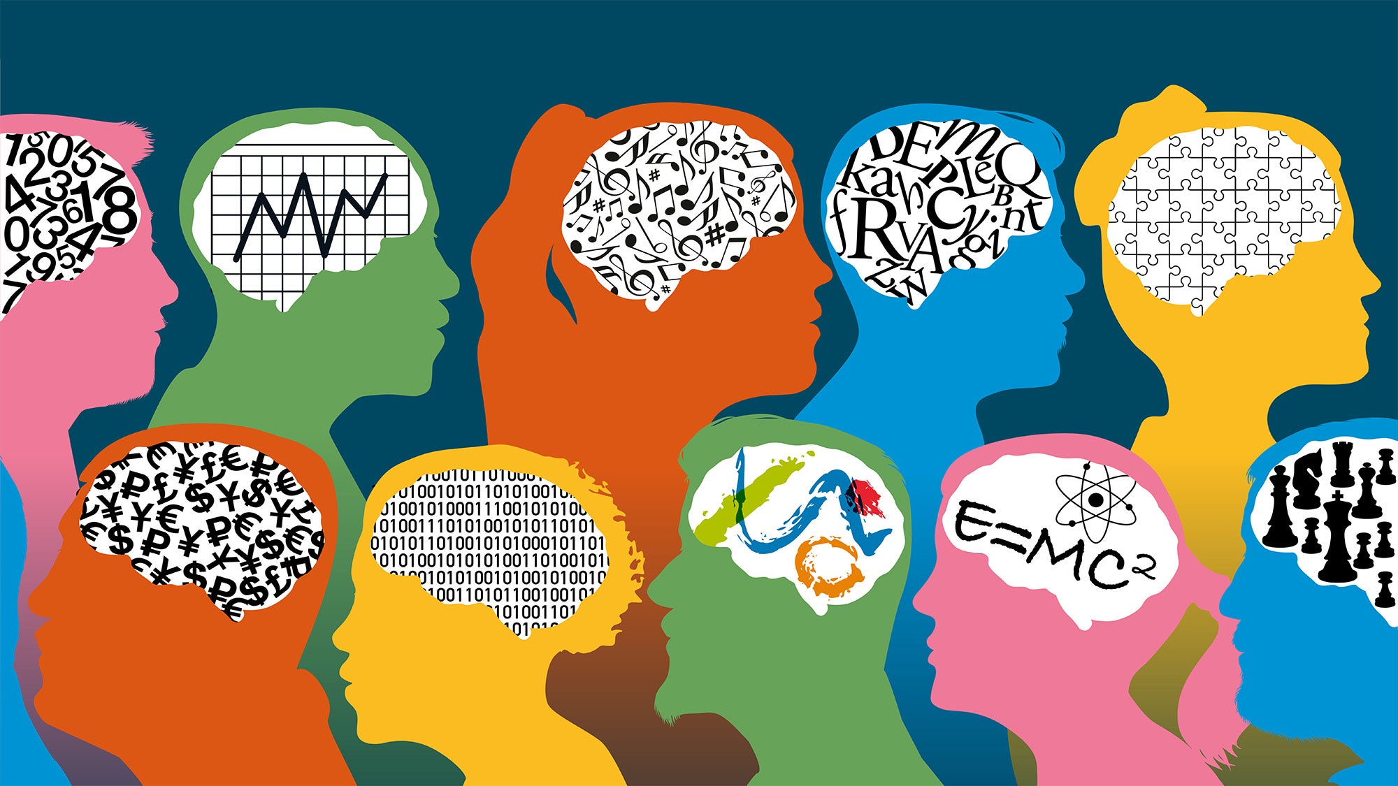 An illustration of silhouettes of figures with brains illustrated with different items indicating various thoughts