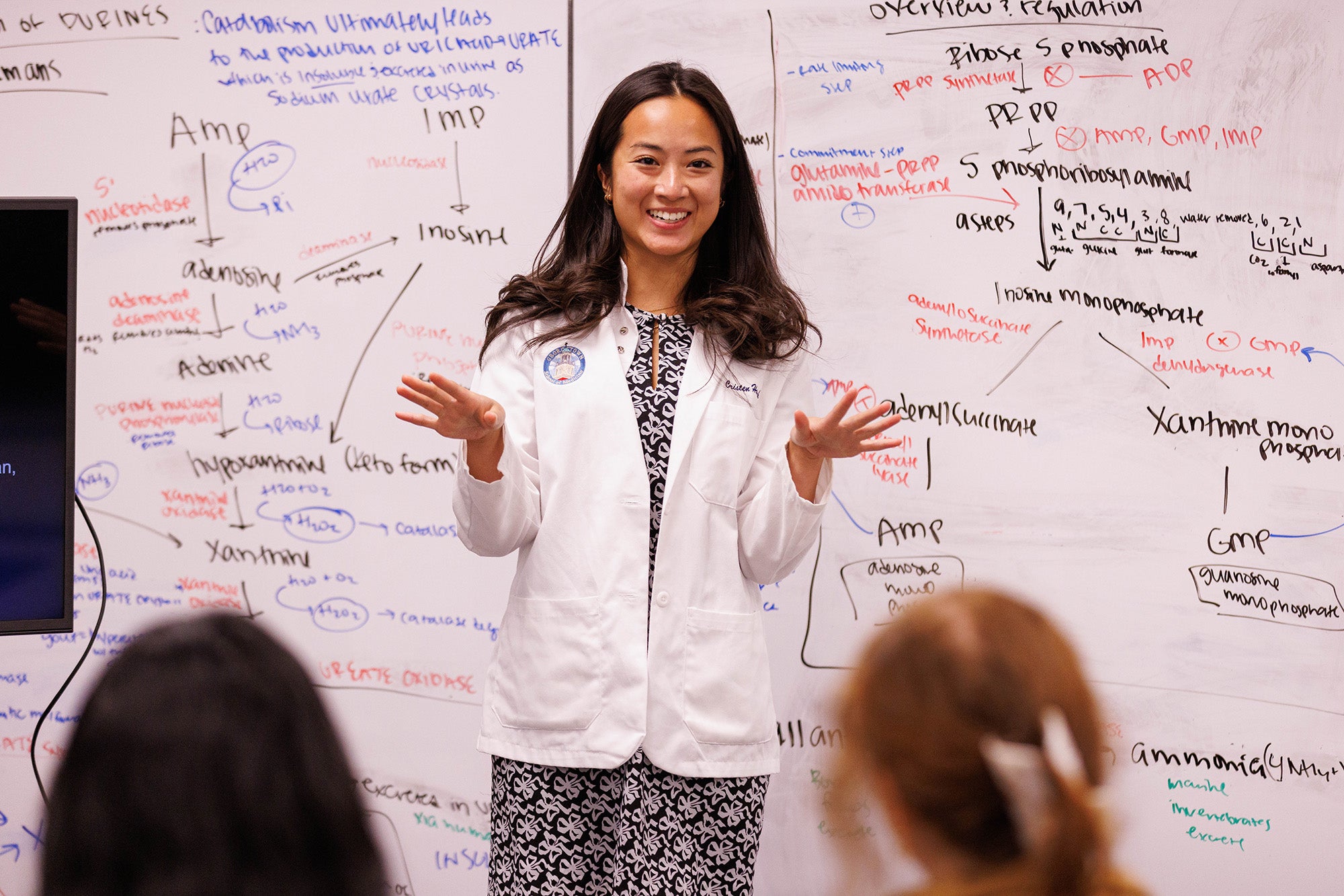 A medical student gestures during her presentation to an audience seated before her.