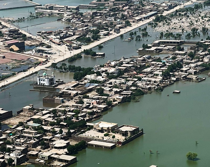An aerial view of a flooded Pakistani city