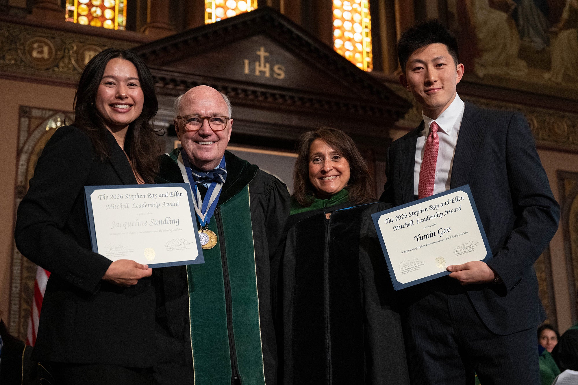 Stephen Ray Mitchell and Megha Fitzpatrick stand with students Jacqueline Sandling and Yumin Gao