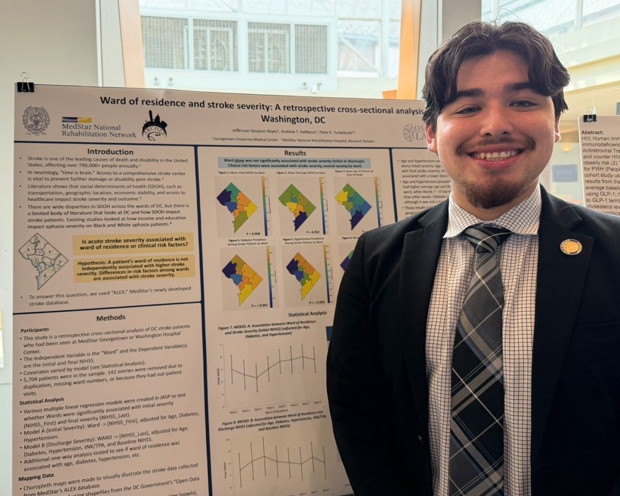 Jefferson Vasquez stands with his research poster